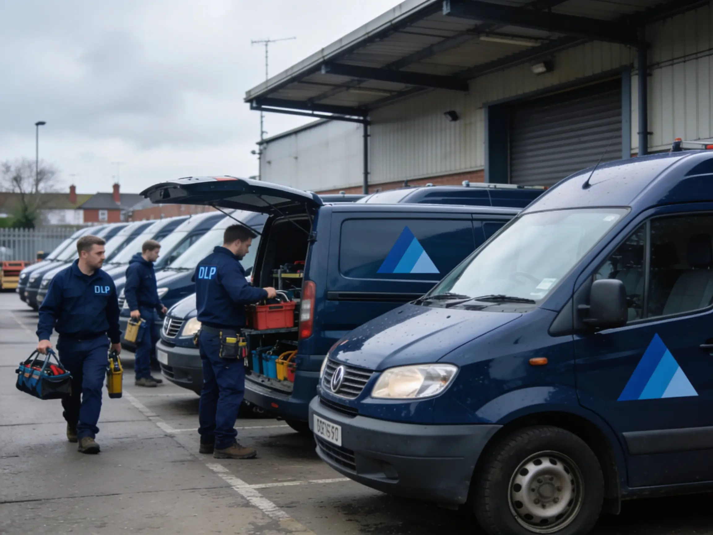 DLP trades in branded uniform beside branded vans.
