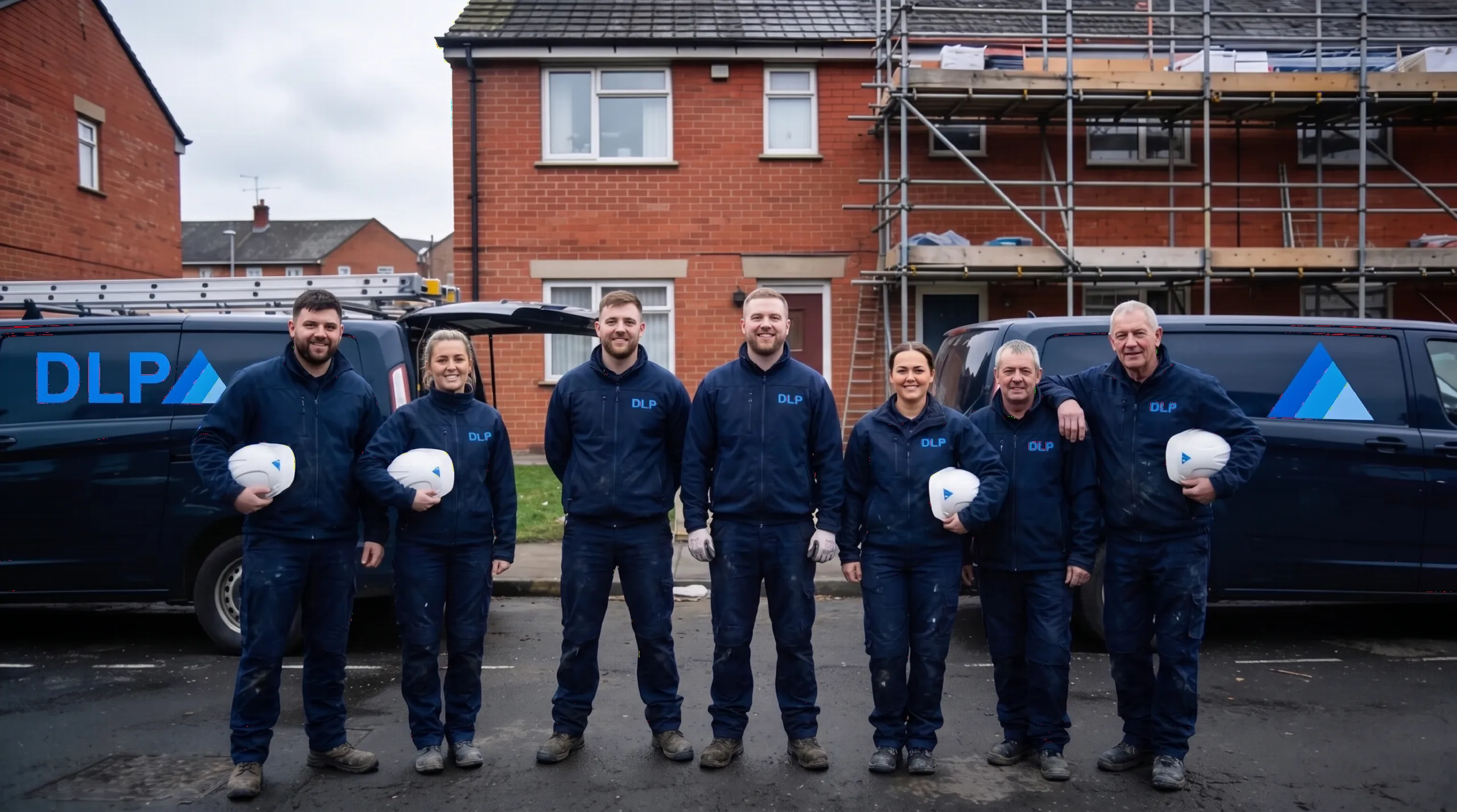DLP trades on site — team shot, branded workwear.
