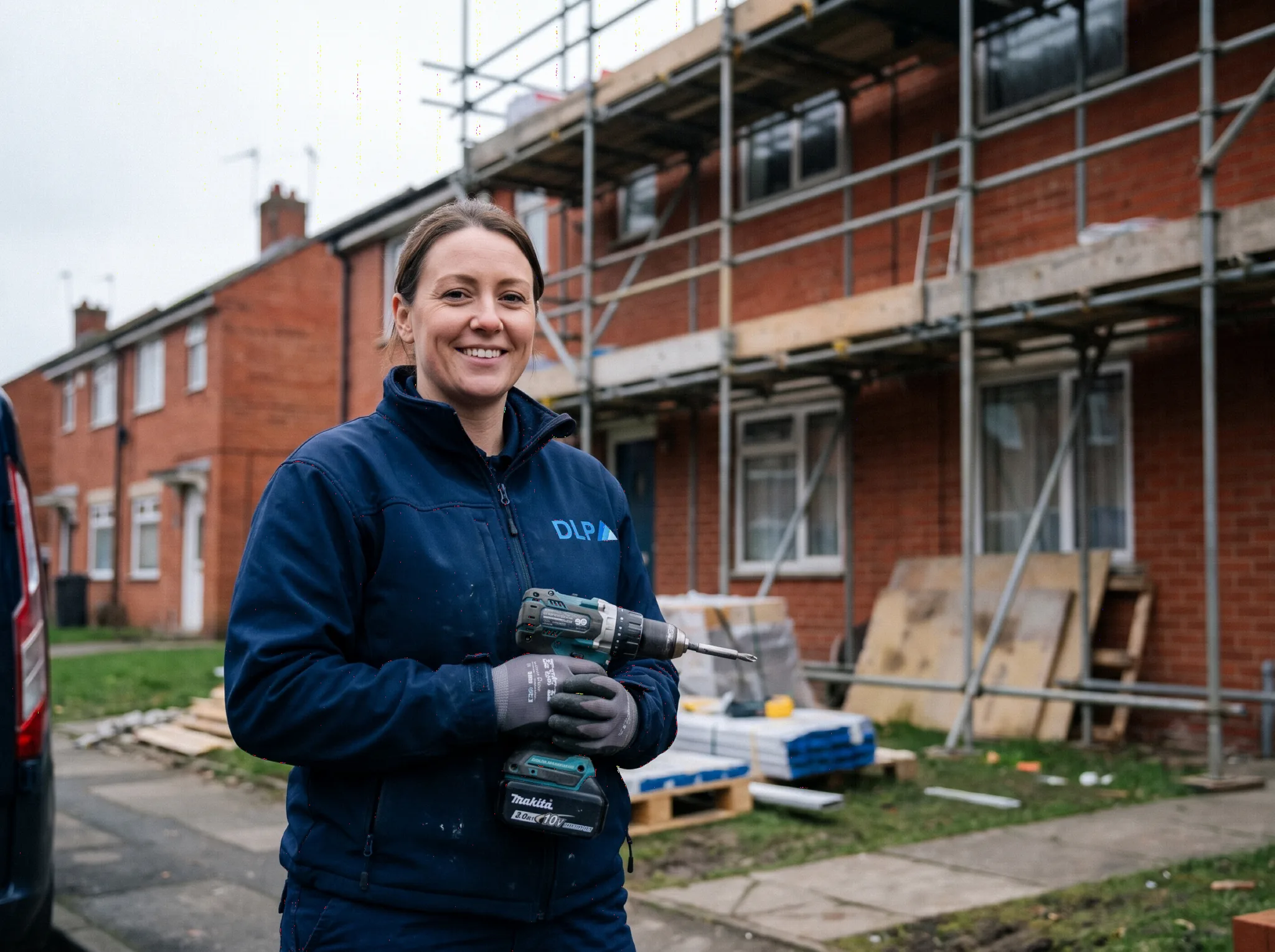 A tradesperson in DLP uniform smiling on site.