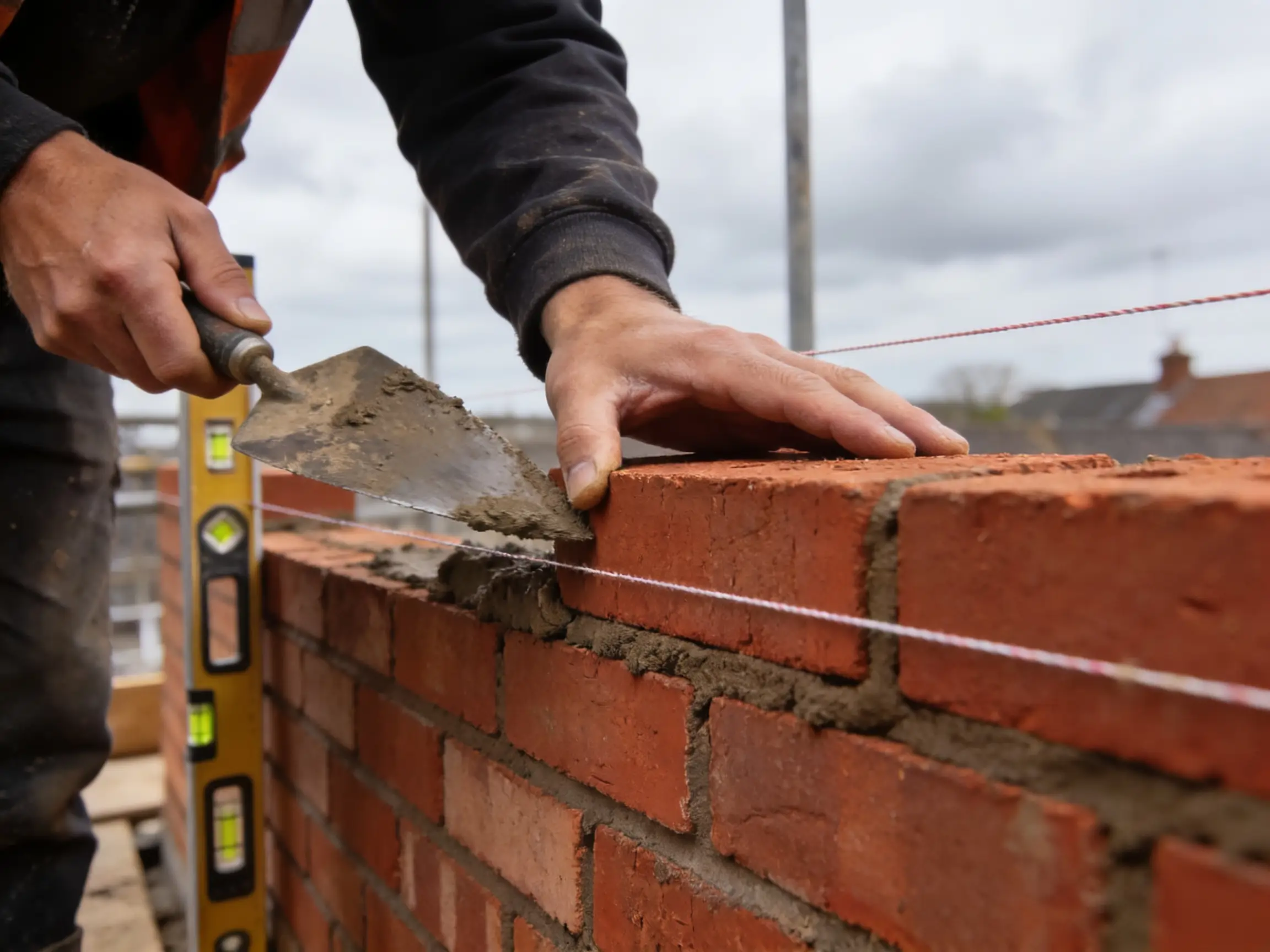 Close-up of fresh brickwork or lime plaster being applied — craftsmanship visible