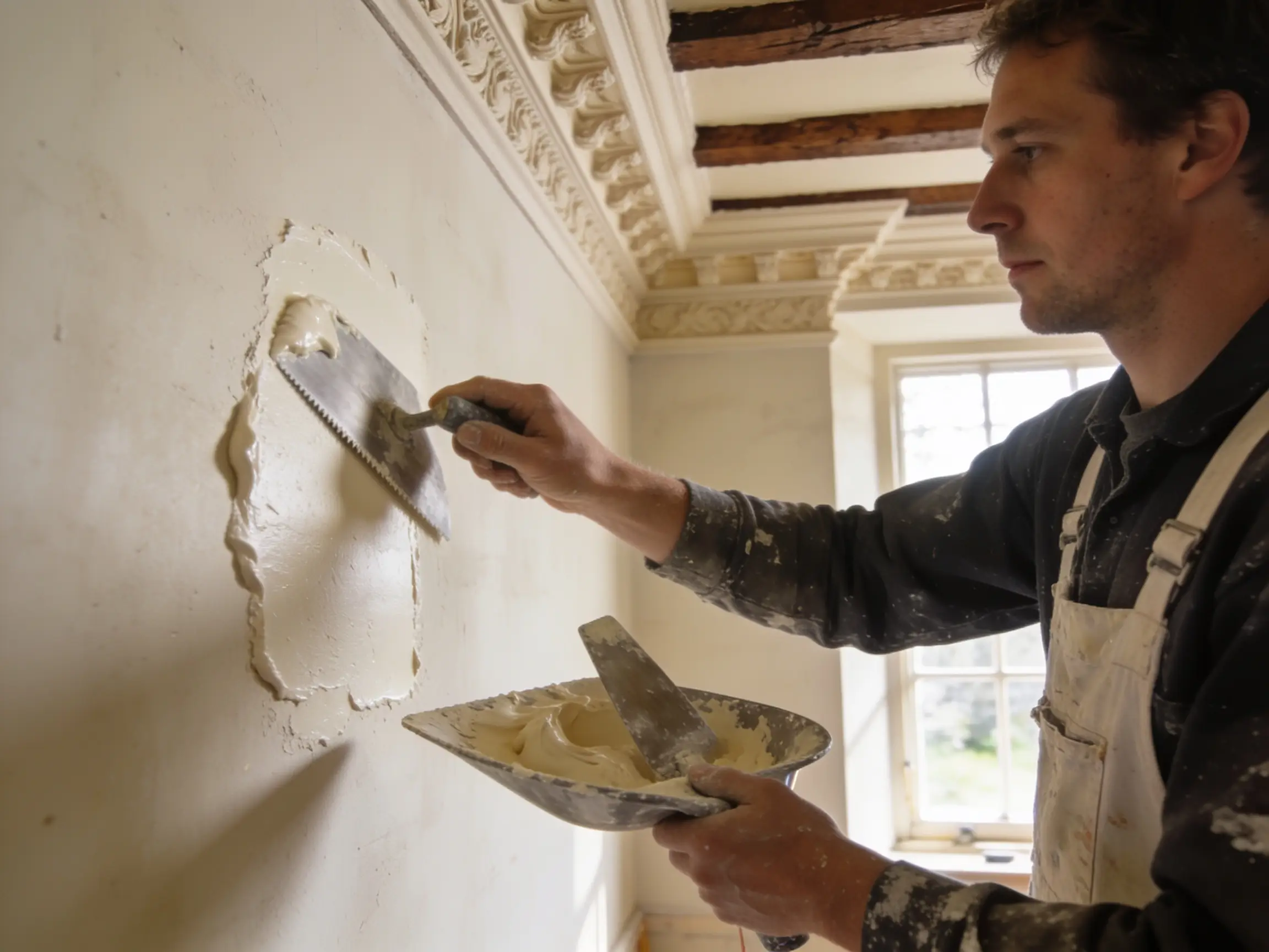 Lime plaster being applied to a heritage interior wall