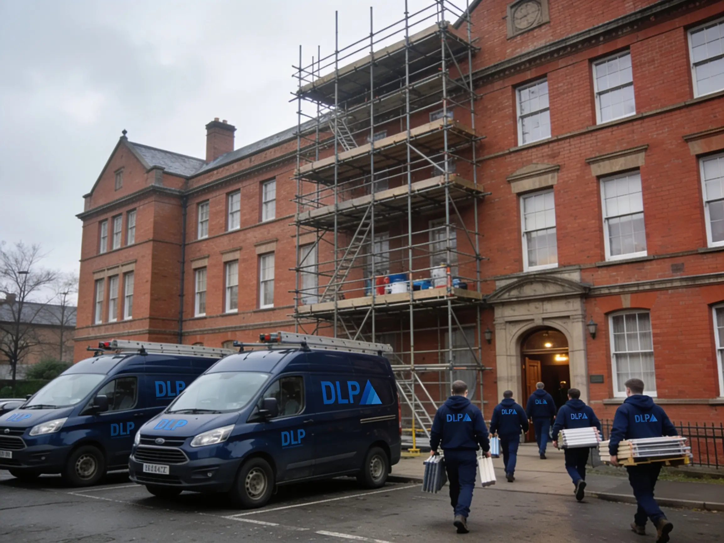 Multi-trade workforce on a job — vans, scaffolding, branded uniforms, recognisable institutional building behind
