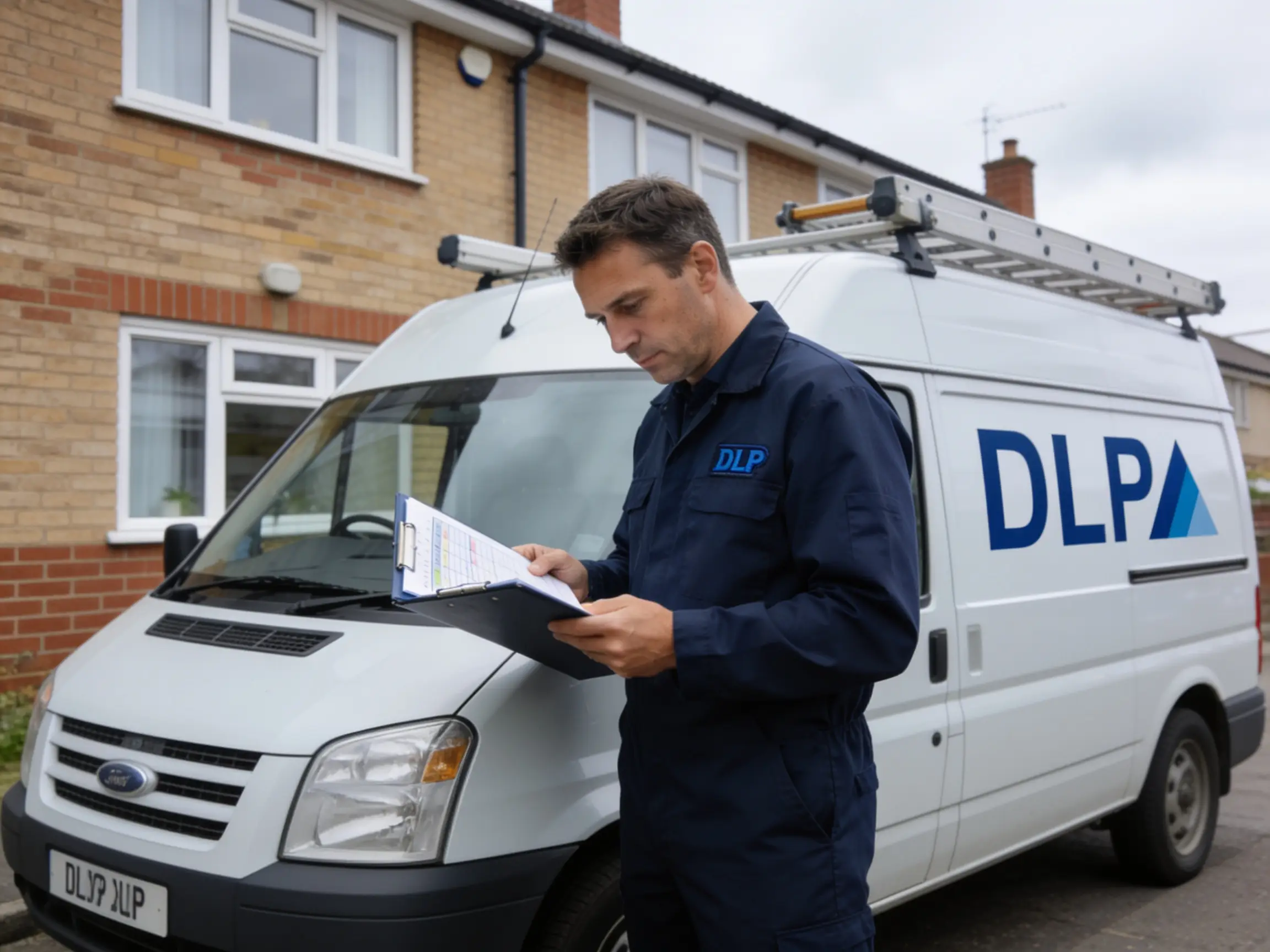 DLP team on a planned maintenance visit — clipboard, van, client building
