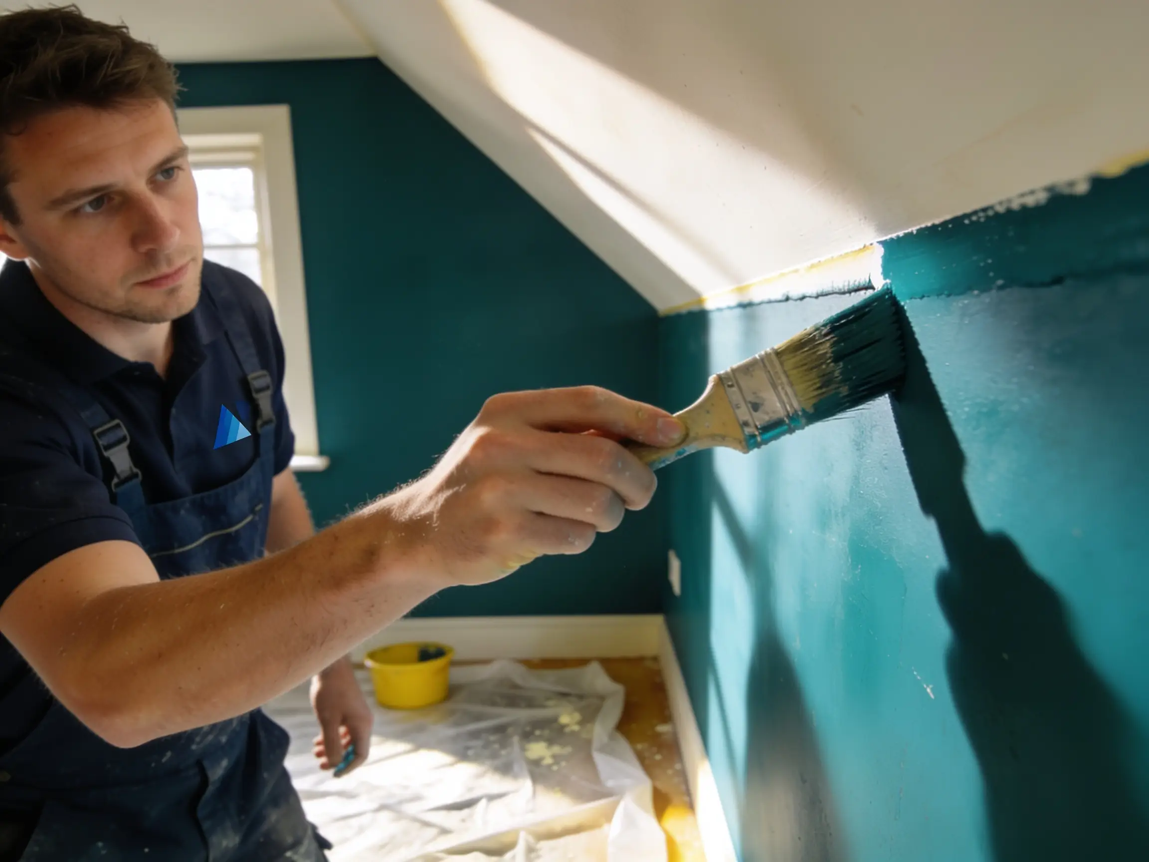 Decorator at work on a feature wall or ceiling — careful brush work visible, or a finished interior in a heritage property