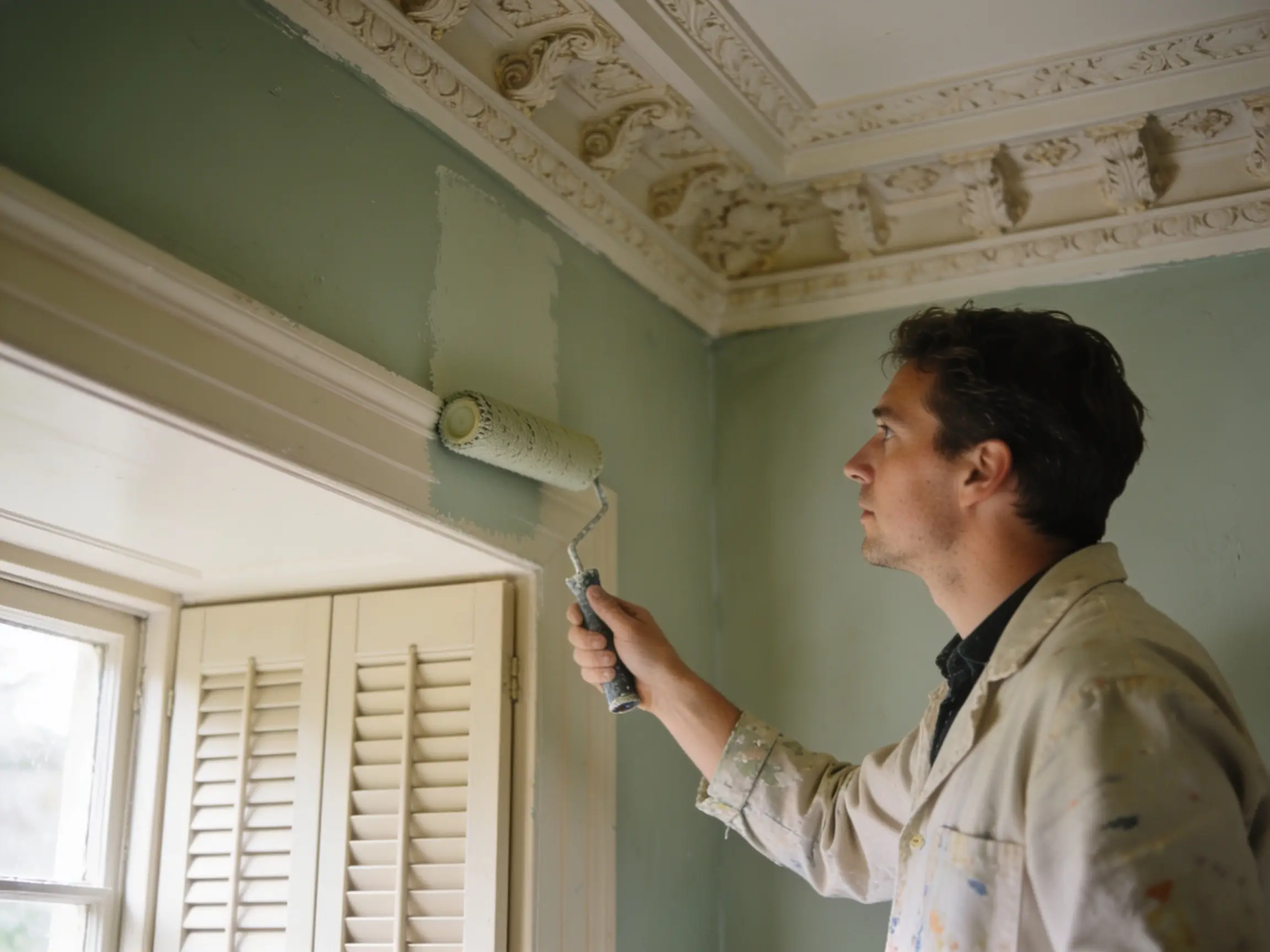 Heritage decorator applying breathable paint to a period interior