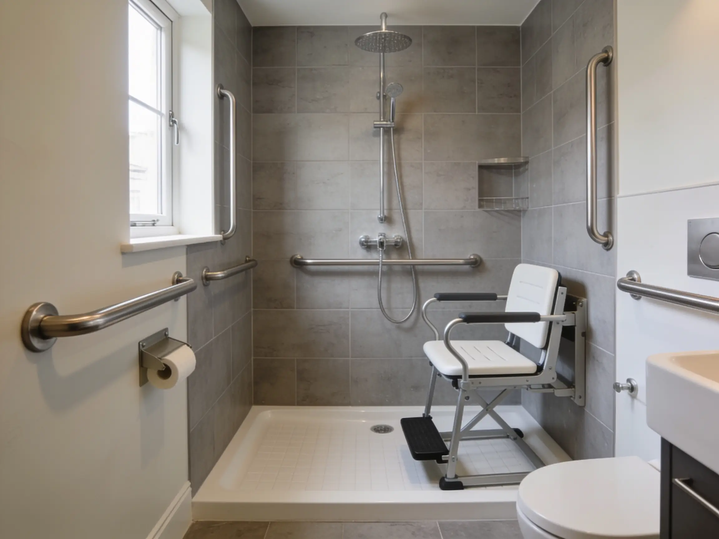 Beautifully finished accessible bathroom or a ramp / level-access entrance — dignity and design, not clinical
