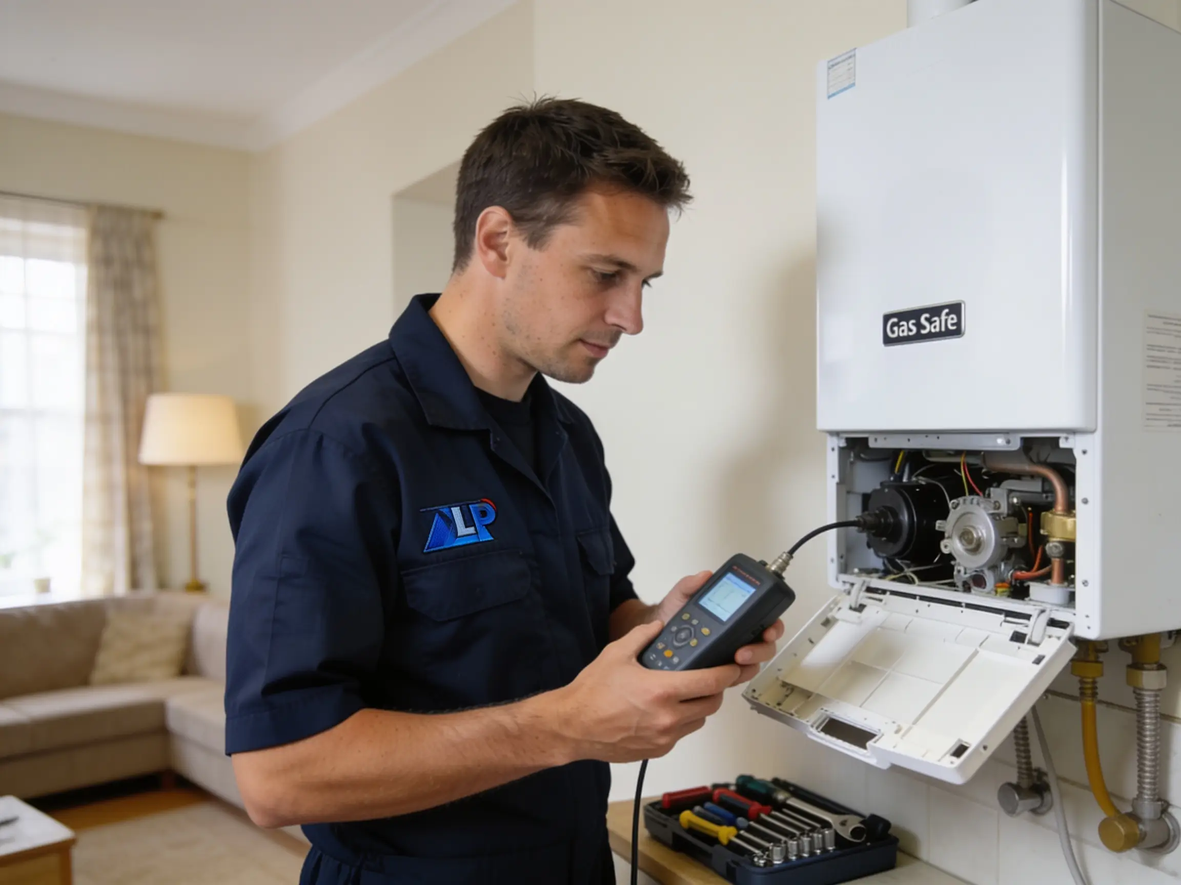 Gas engineer or electrician working on a system, branded workwear visible, professional setup