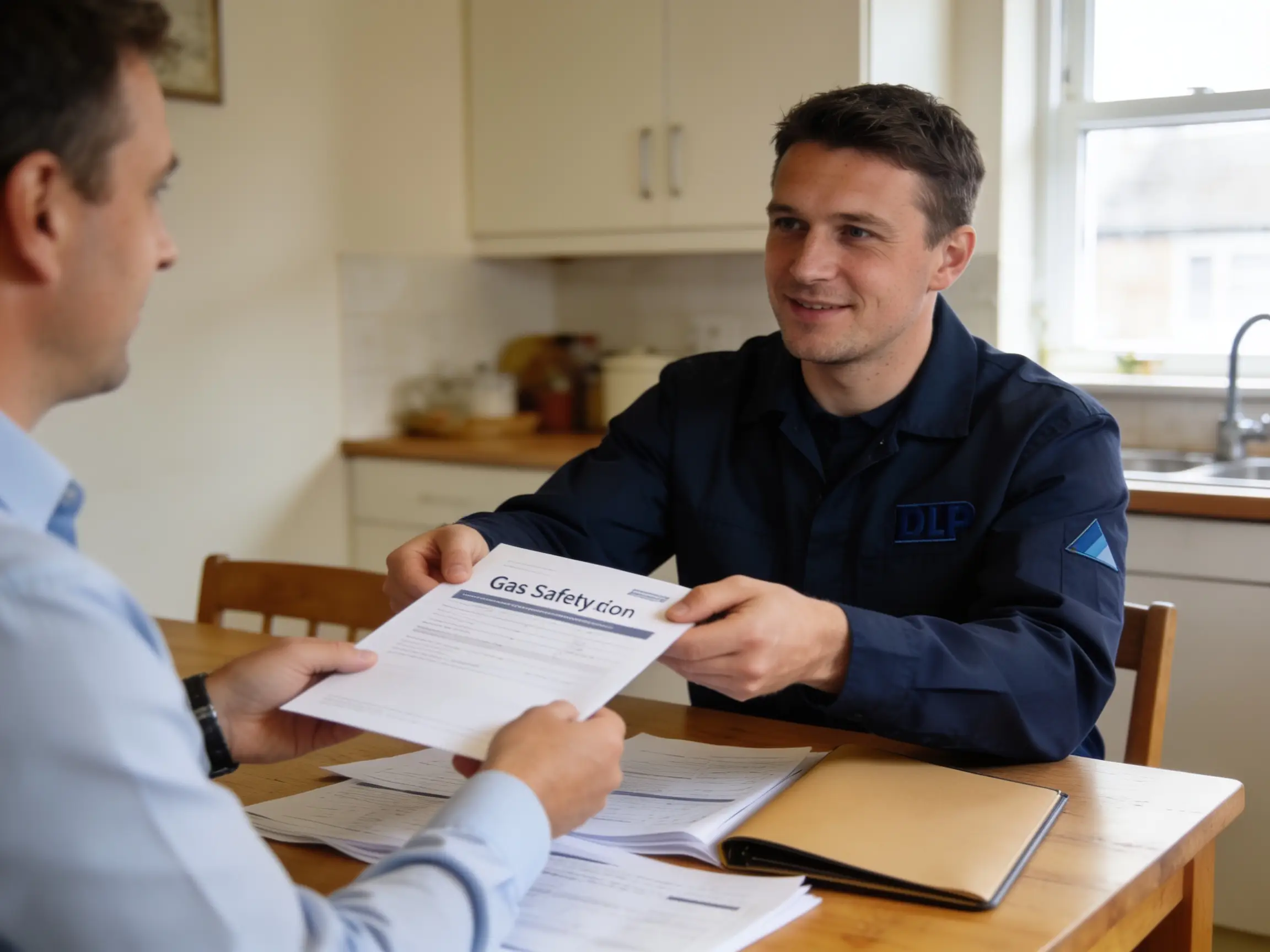 Engineer handing over certification paperwork — CP12 / EICR documents visible