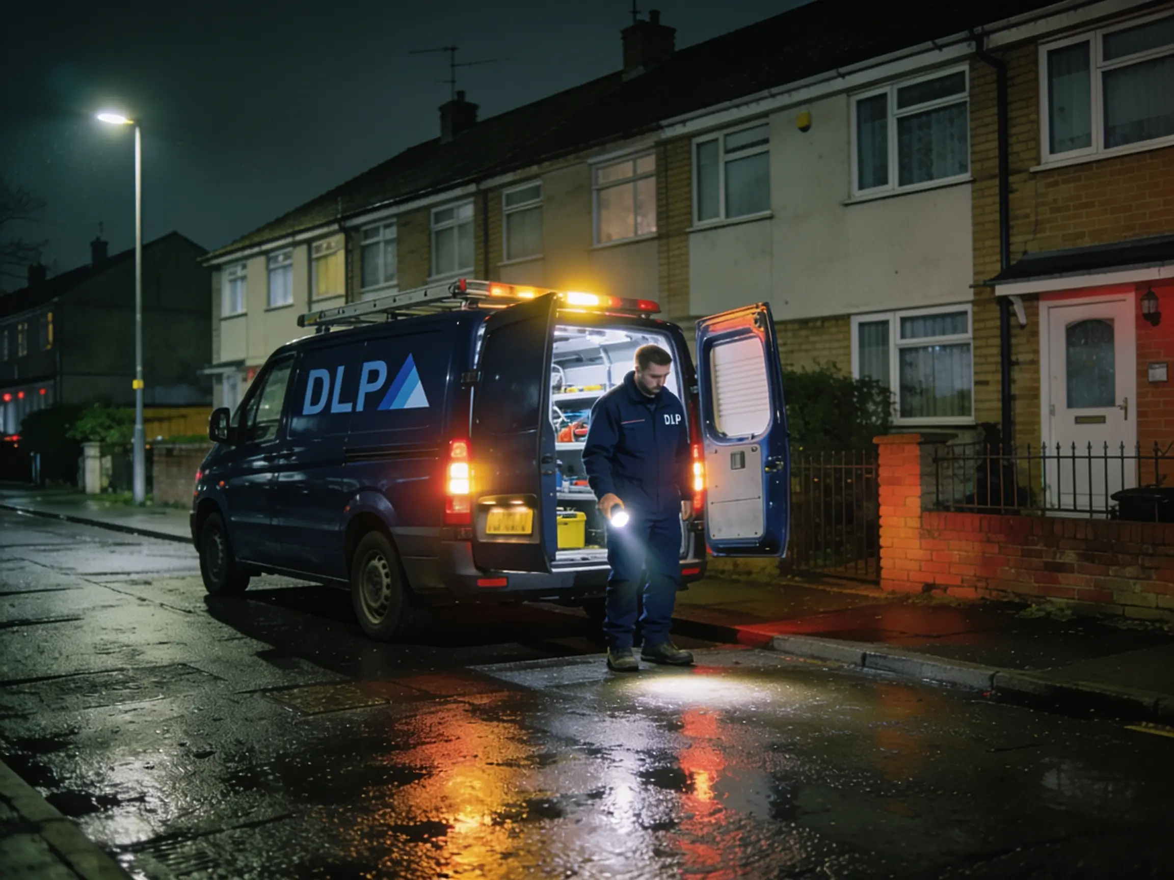 DLP van on a night callout — branded livery, work lights
