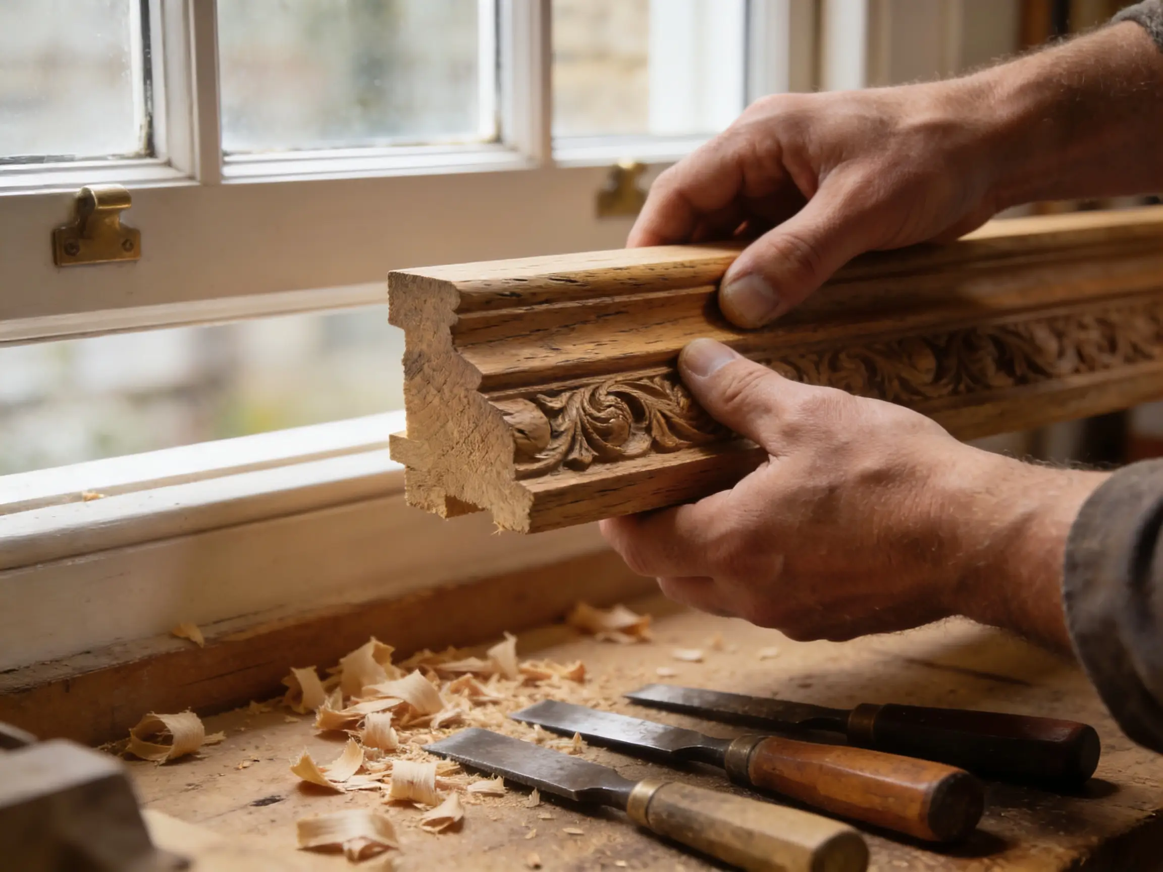 Close-up of bespoke joinery — restored sash window, fitted kitchen detail, or listed-building moulding being matched
