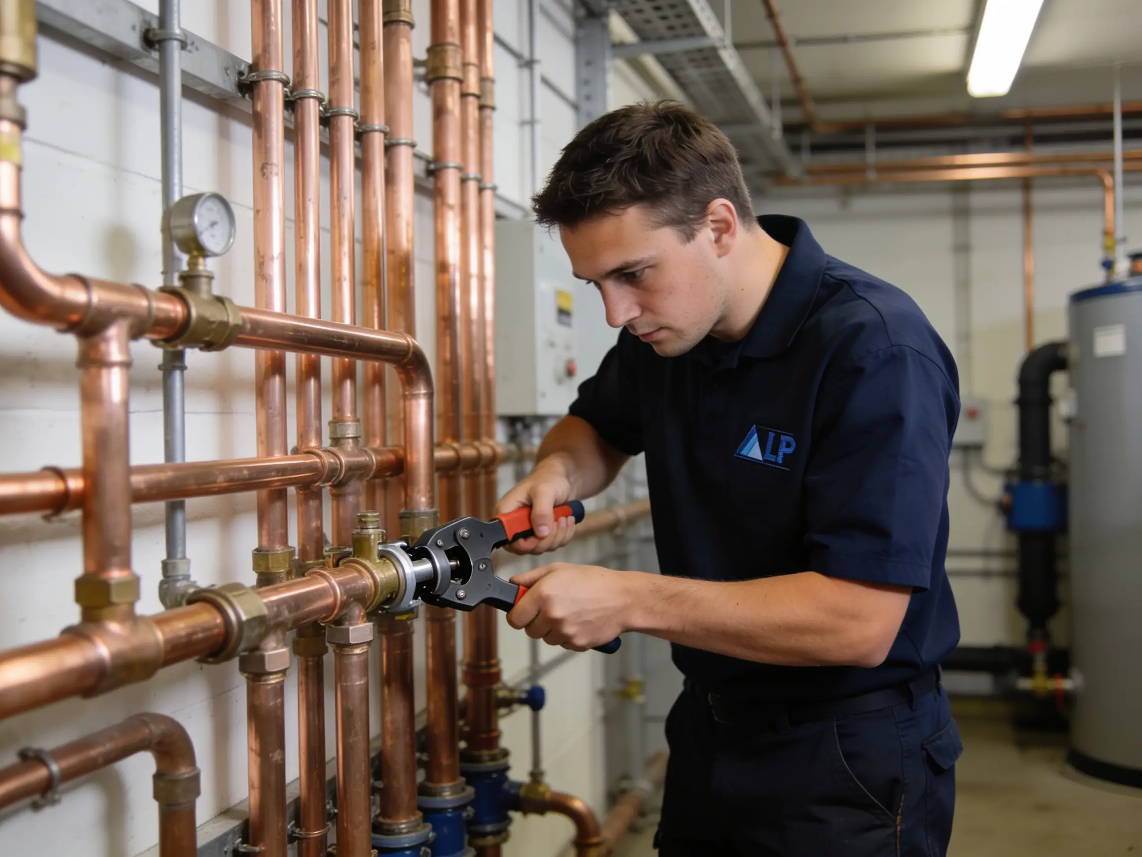 Plumber working on a commercial pipework system or domestic install — clean, well-lit, professional