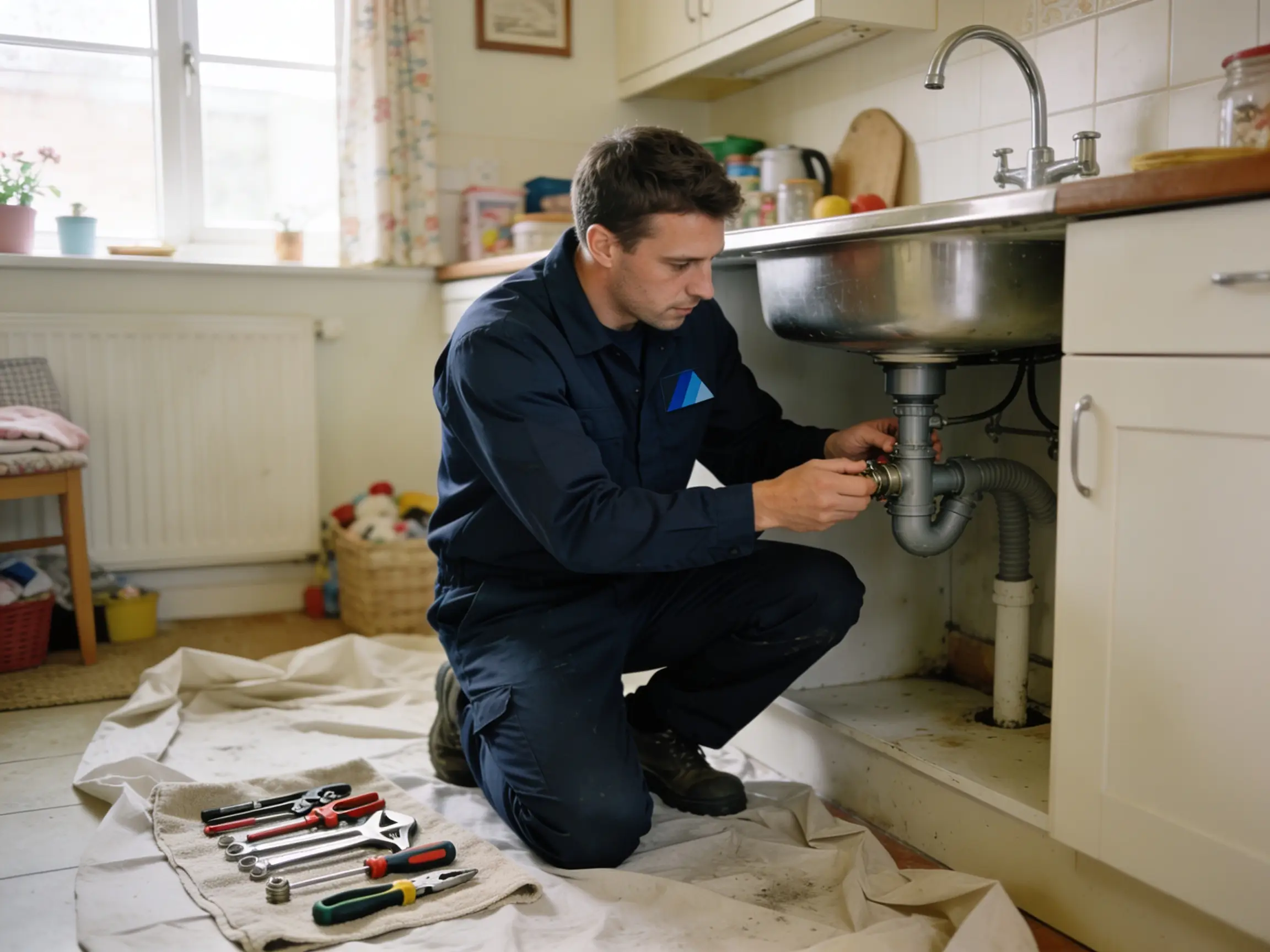DLP plumber at work in an occupied home — dust sheets down, tidy workspace