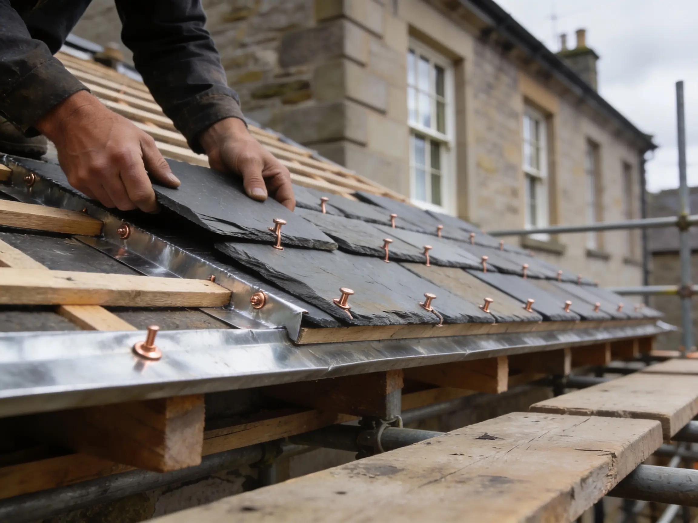 Close-up of craft roofing — slate work in progress, lead detailing, or a heritage roof scaffold with the property visible