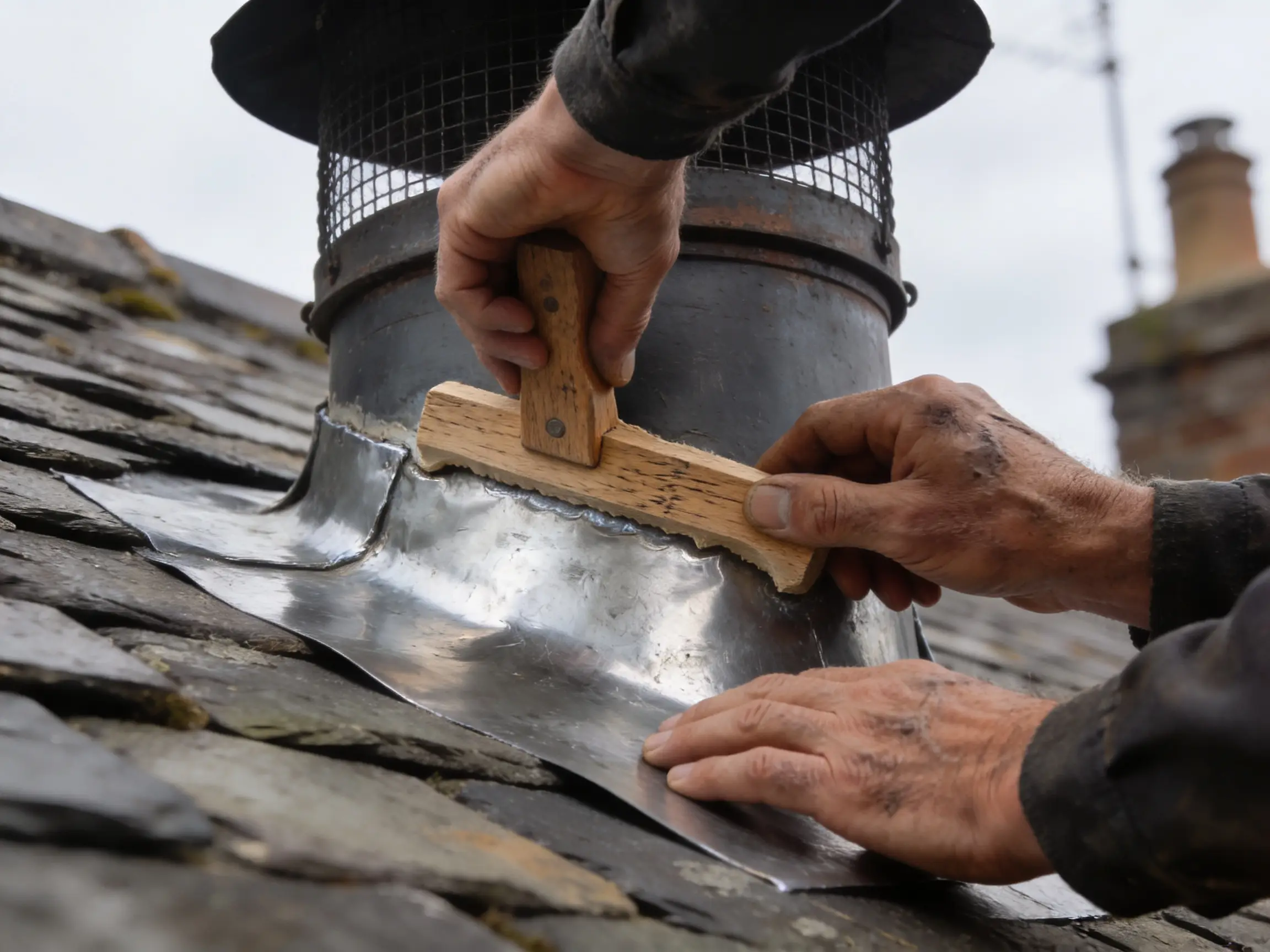 Roofer dressing lead by hand on a heritage roof — craft in close-up