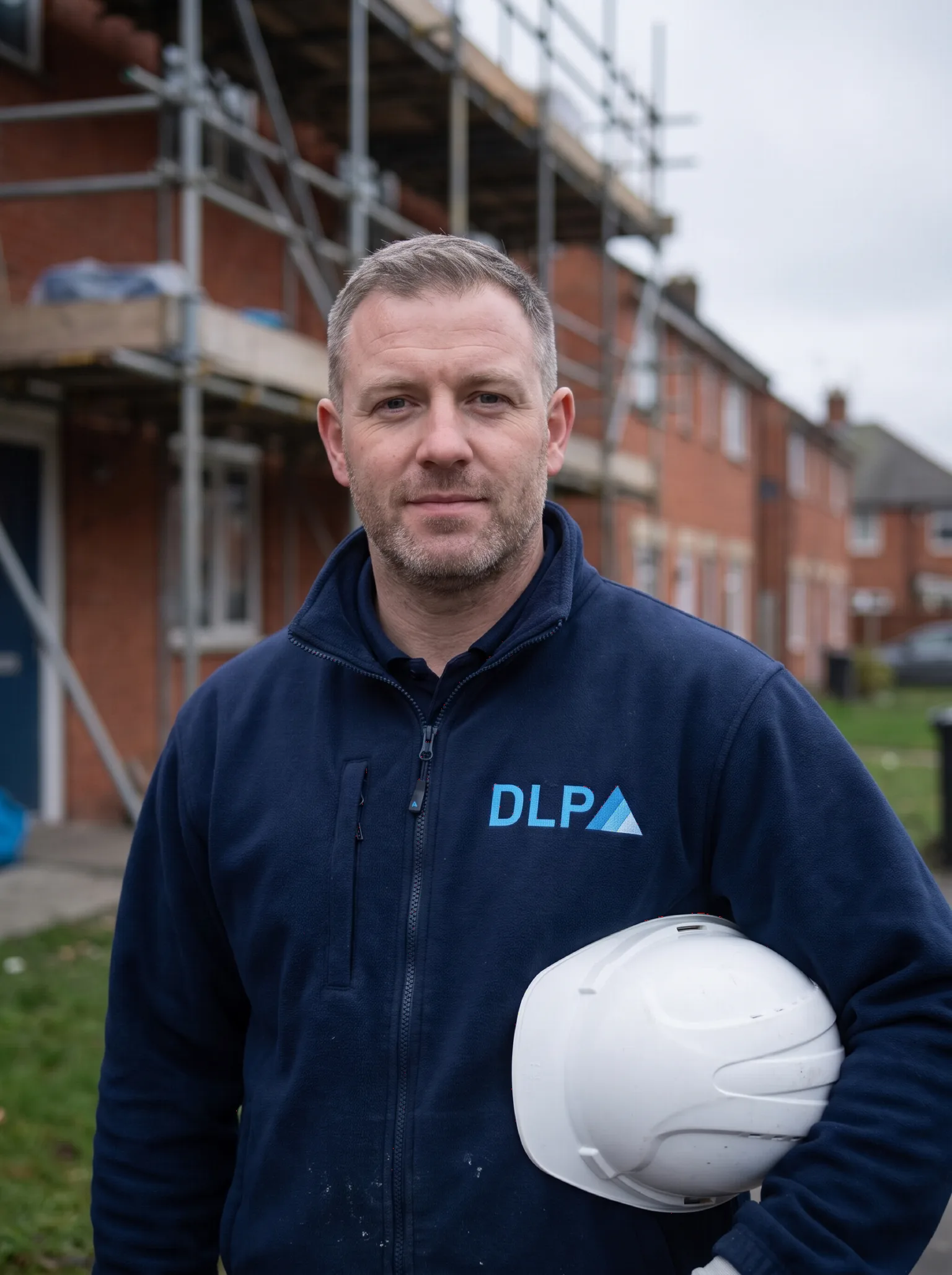 Head and shoulders or action shot on site, branded workwear.
